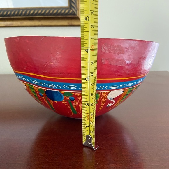 Mexican Red Bowl Multi Color Hand Painted Flowers Swan Bird Folk Art Decor Wood - Picture 8 of 9
